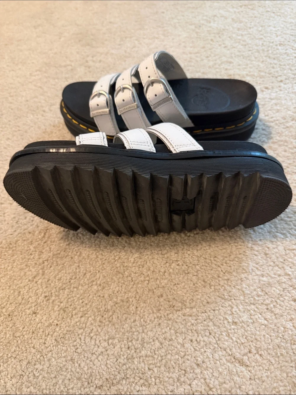 Dr. Martens White Triple-Strap Slide Sandals with Yellow Stitching